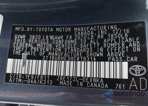 2017 Toyota Corolla Le z USA, uszkodzony, nr VIN 2T1BURHE3HC819314